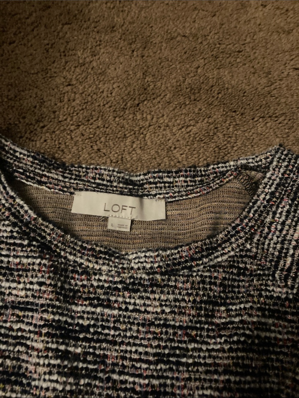 LOFT Gray Marled Knit Pullover with White Chiffon Layer